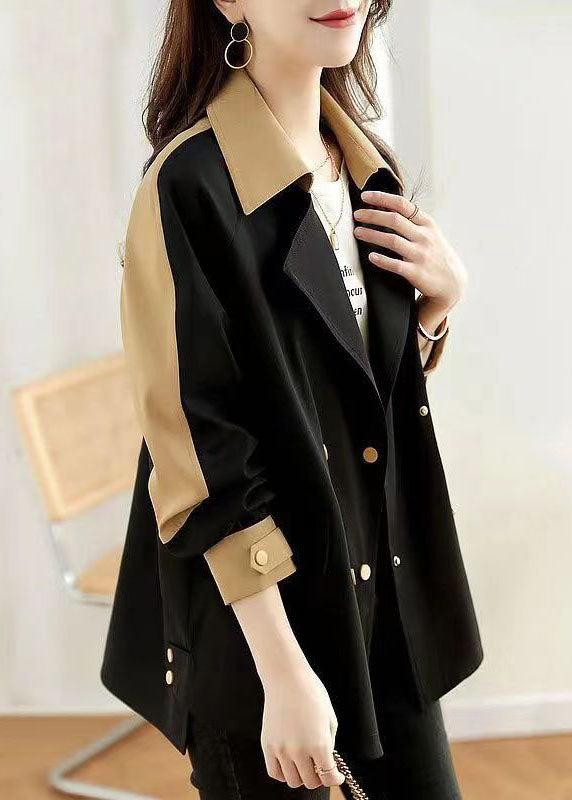 Black Peter Pan Collar Button Patchwork Cotton Coat Fall