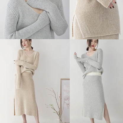 Gray Knit Sweaters Clothing V Neck Knitted Blouses Side Open Skirt Two Pieces