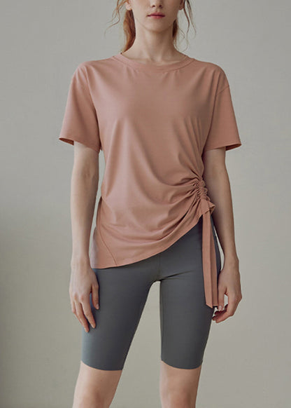 Pink O-neck Short Sleeve Loose Yoga Tops