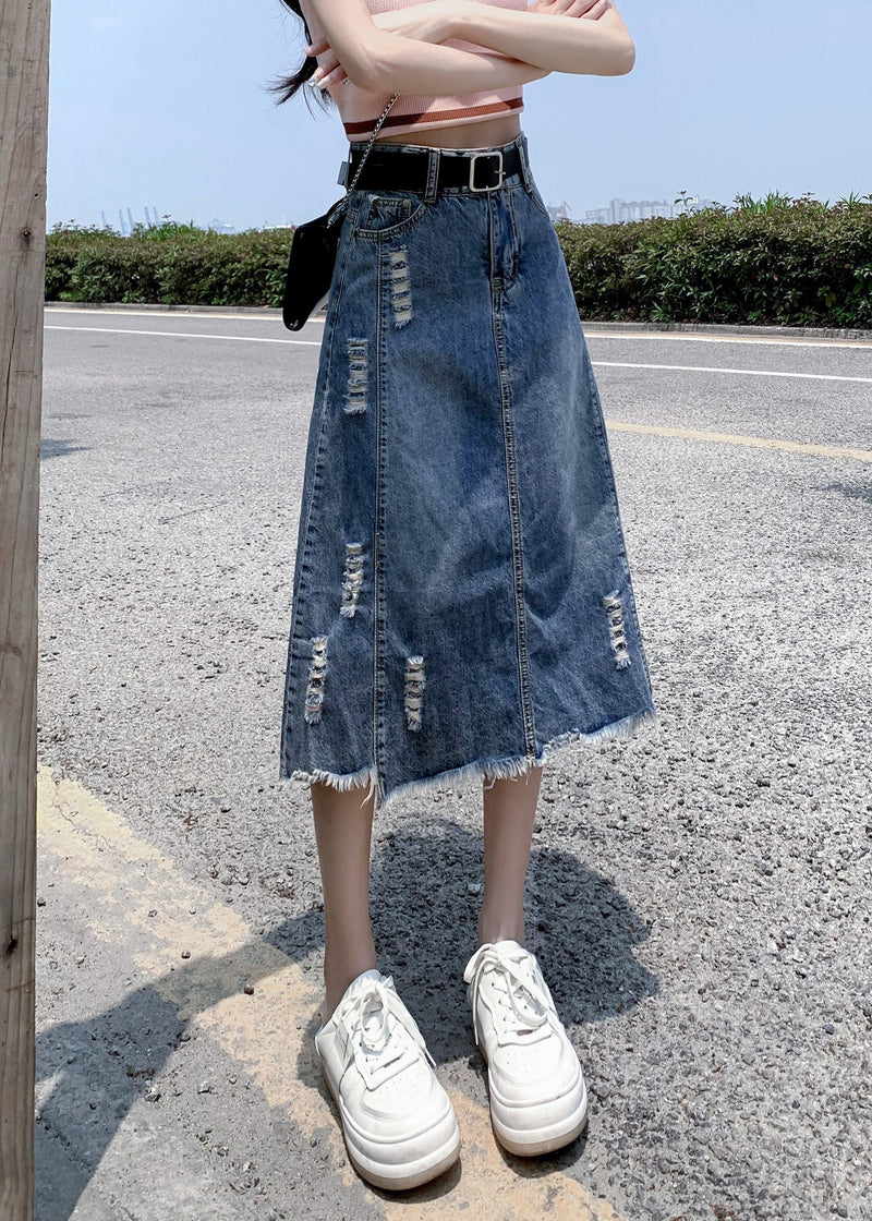 Modern Light Blue Patchwork Ripped a Line Denim Skirt