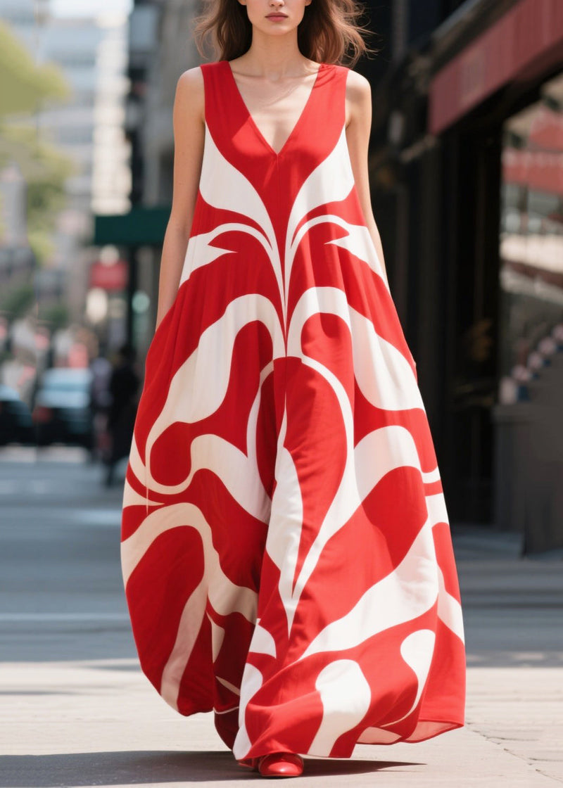 Red Oversized Print Chiffon Holiday Dresses Summer