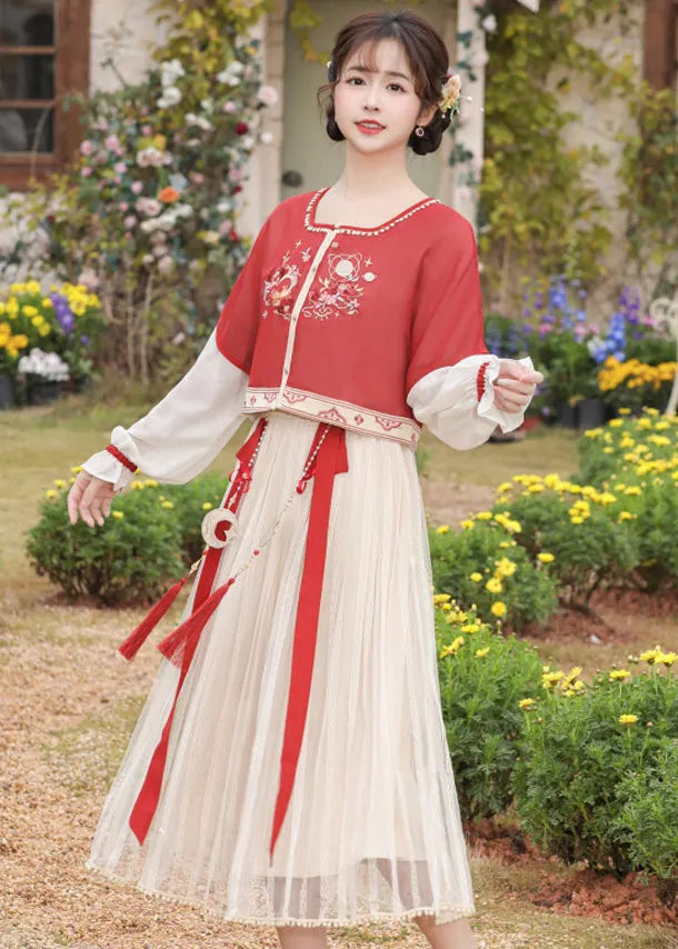 Chinese Style Red Embroideried Tops and Pleated Skirt Chiffon Two Pieces Set Long Sleeve