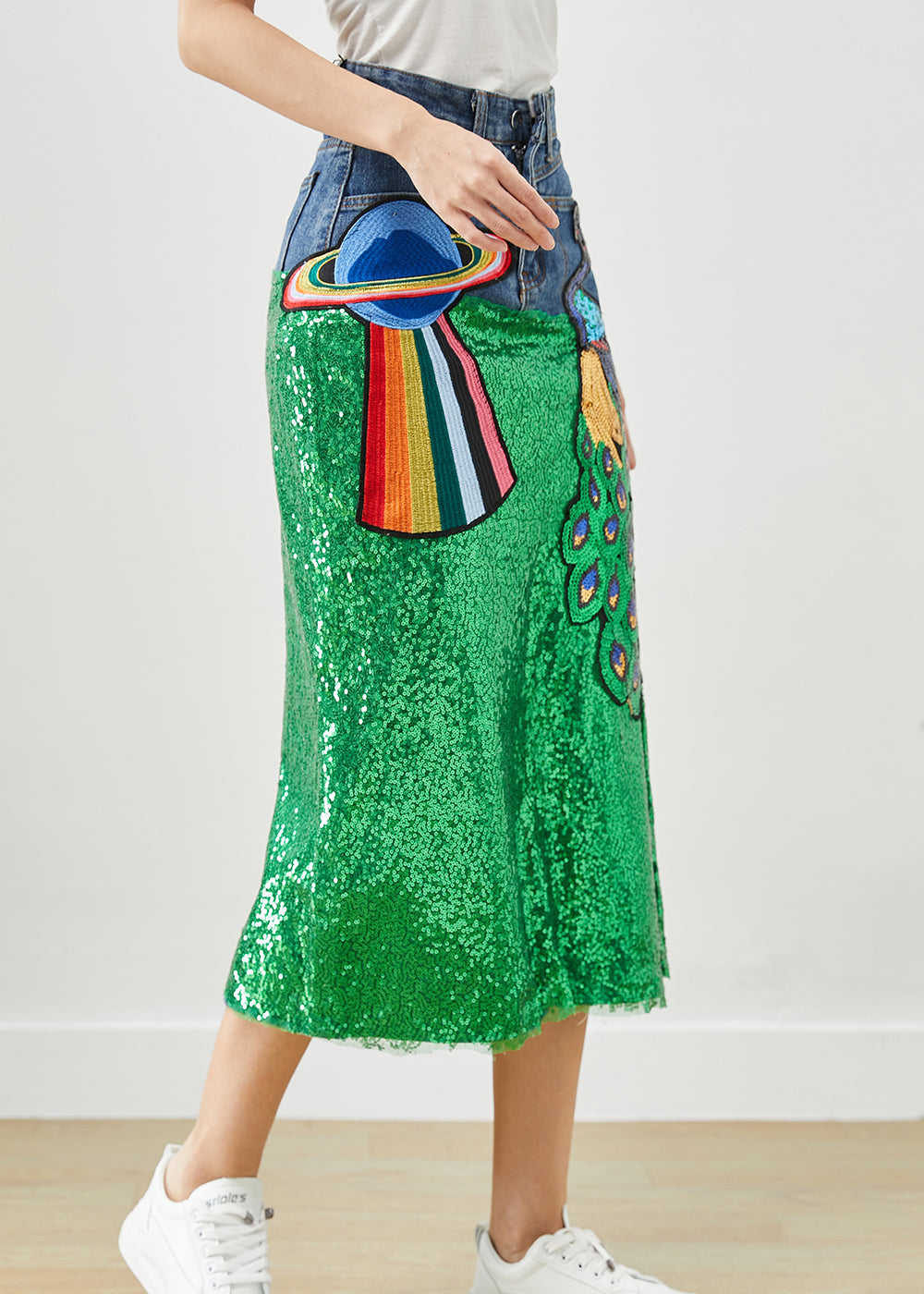 Diy Peacock Embroidered Patchwork Sequins Denim Skirt Fall