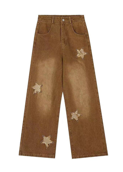 Brown Maillard Wearing Autumn American Retro Star High Waisted Denim Wide Leg Pants