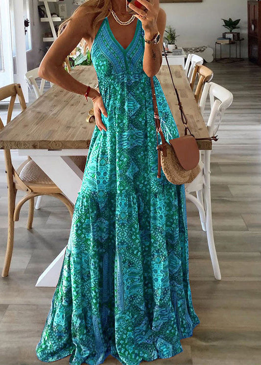 Green V Neck Print Holiday Long Spaghetti Strap Dress Sleeveless