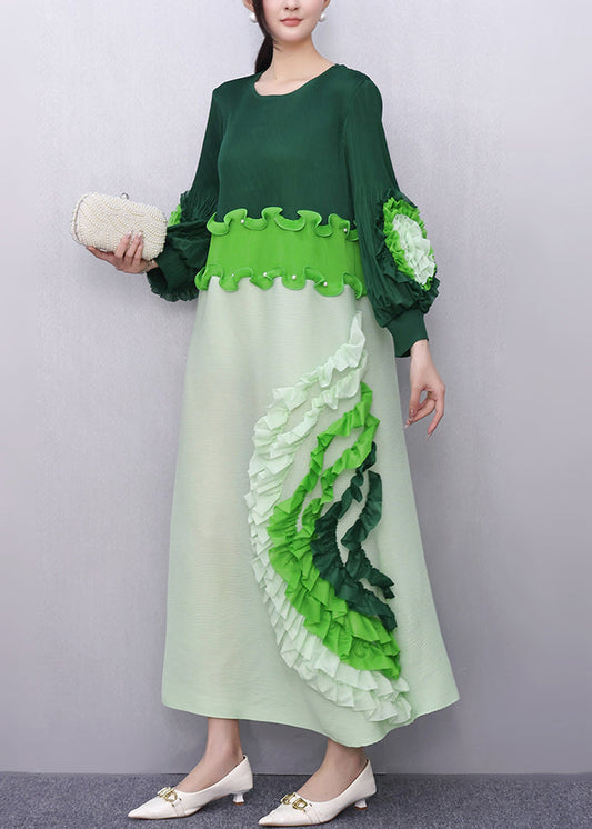 Loose Green O-neck Ruffled Patchwork Long Dress Fall