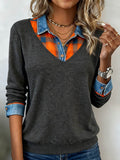 Women's Contrast Knitted Plaid Contrast Color Panel Top 