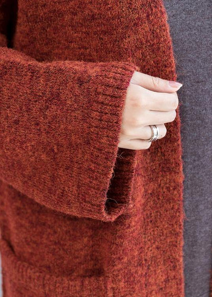 Knitted Coat Oversized Red Batwing Sleeve Pockets Coats