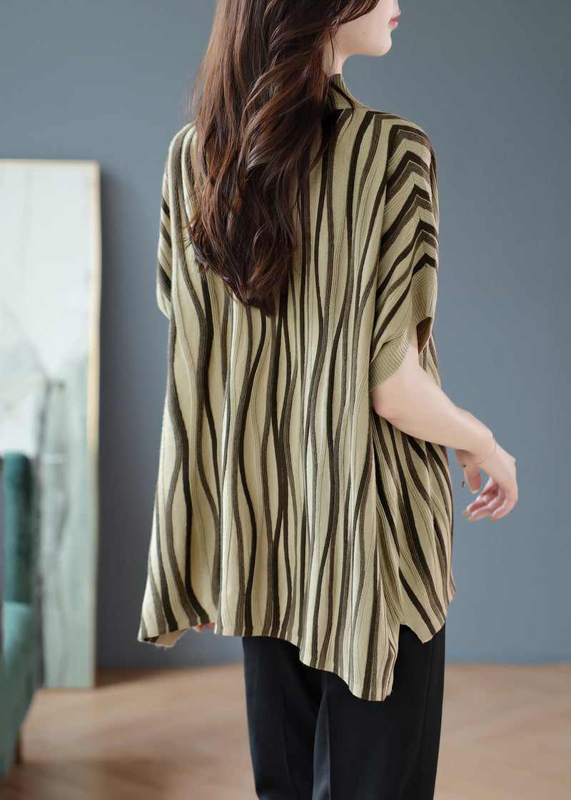 Novelty Khaki O-neck Striped Patchwork Cozy Knit Sweaters Fall