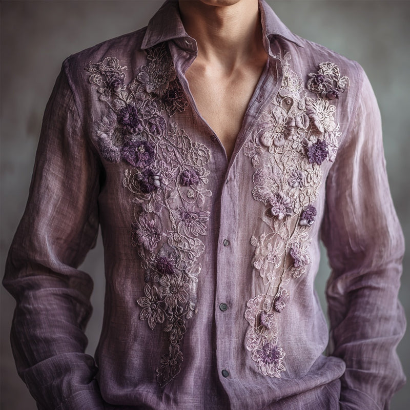 Men's Lace Floral Embroidered Breathable Linen Shirt elevenforest