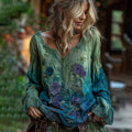Vintage Classy Gradient Blue Rose And Floral Embroidered Art Linen Shirts elevenforest