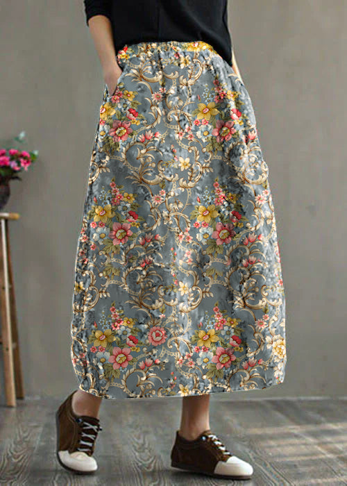Grey- Elastic Waist Patchwork Print Fine Cotton Filled Skirt Winter