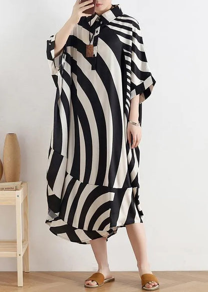 Modern Black Striped Chiffon Clothes for Fabrics Lapel Batwing Sleeve Long Summer Dresses