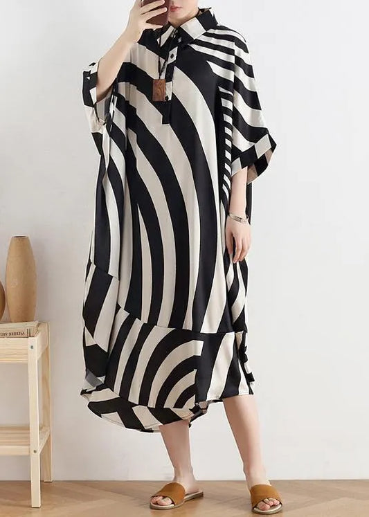 Modern Black Striped Chiffon Clothes for Fabrics Lapel Batwing Sleeve Long Summer Dresses