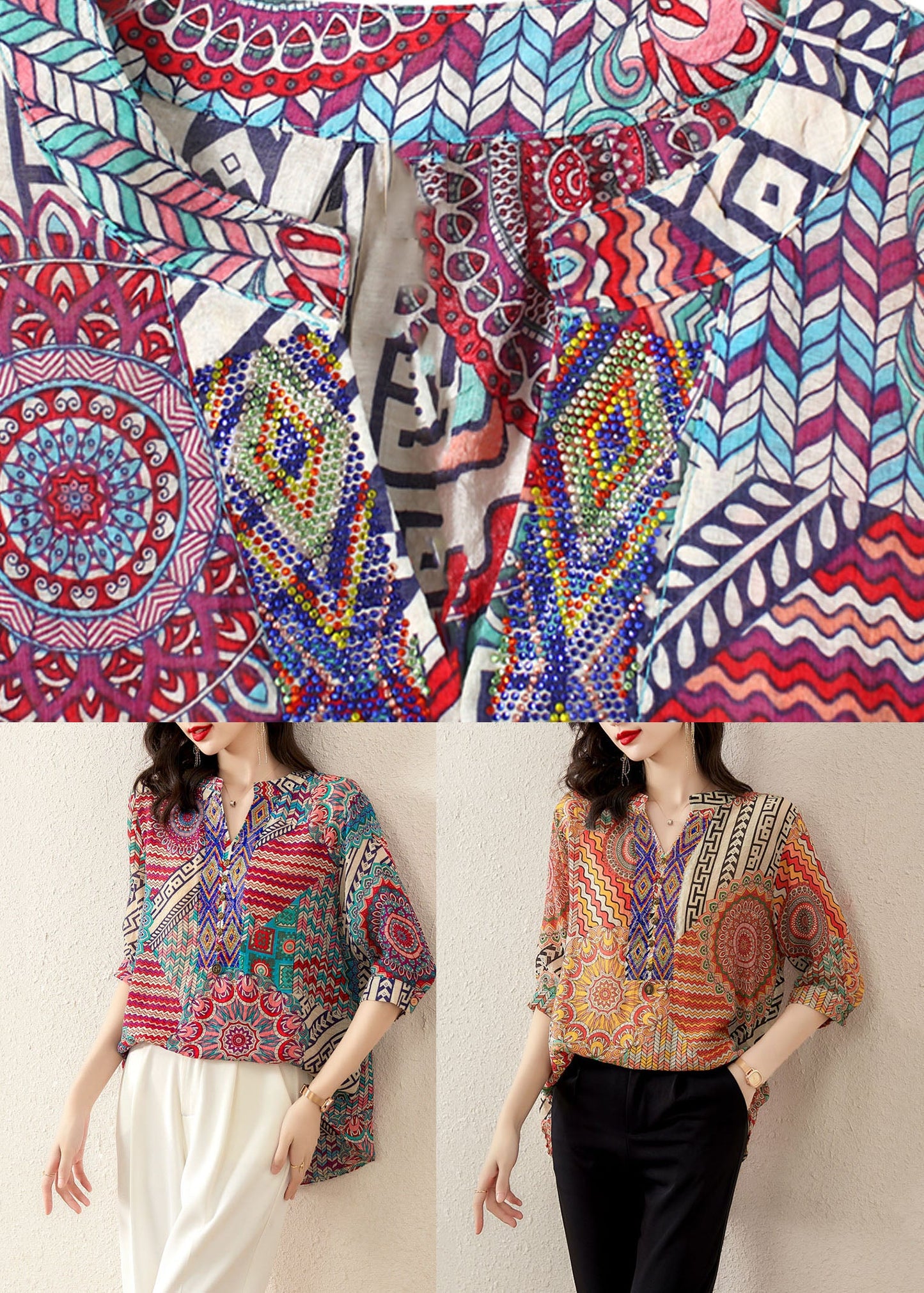 Orange V Neck Print Patchwork Chiffon T Shirt Tops Summer