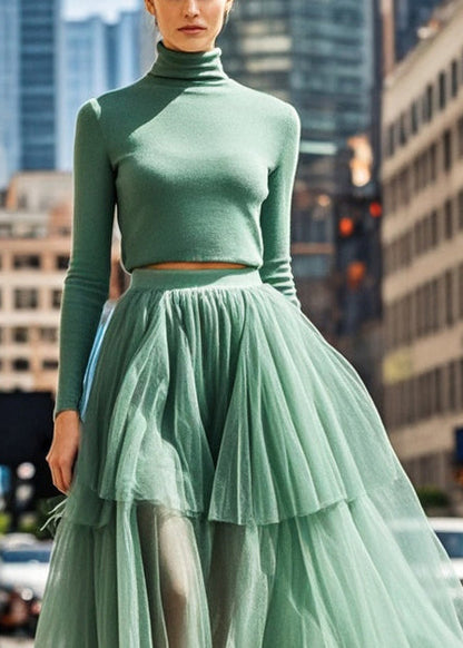Green Exra Large Hem Tulle Pleated Skirt Fall