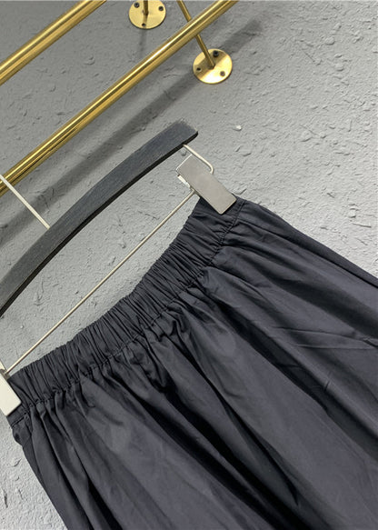 Black Cinched Pockets Elastic Waist Patchwork Cotton Skirt Fall