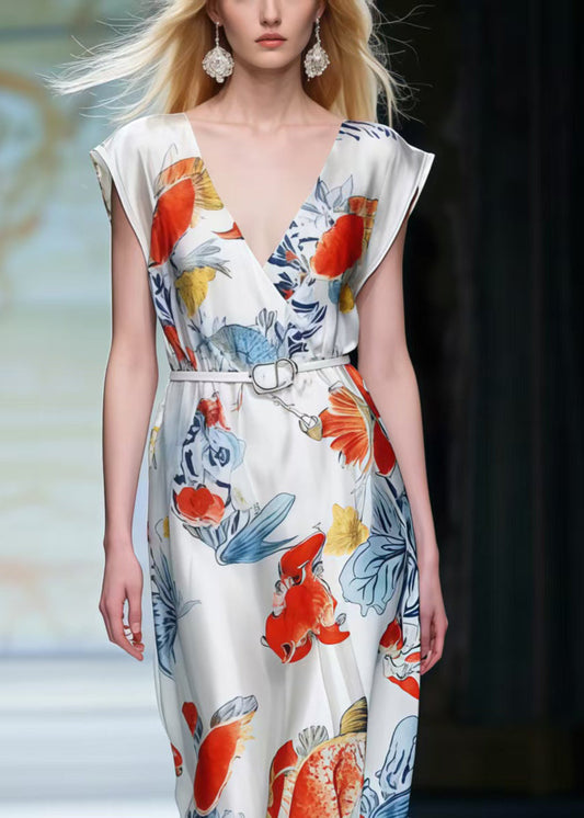 White V Neck Print Silk Tunic Dresses Summer