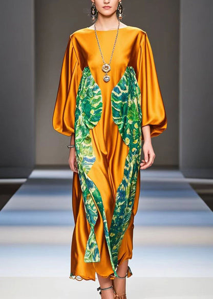 Italian Caramel Oversized Patchwork Print Silk Dress Spring