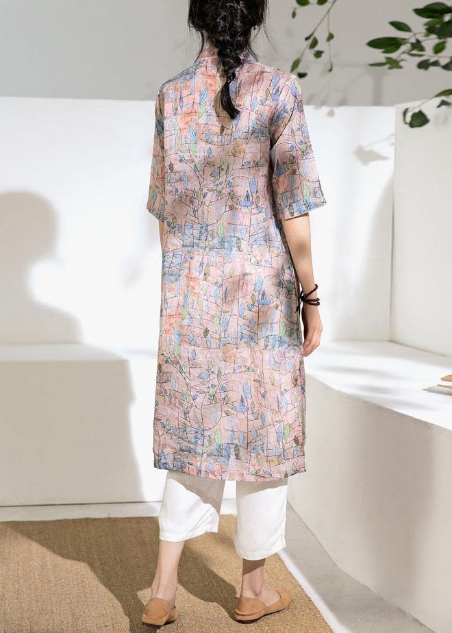 Art Stand Collar Half Sleeve Linen Clothes for Work Pink Print Dress