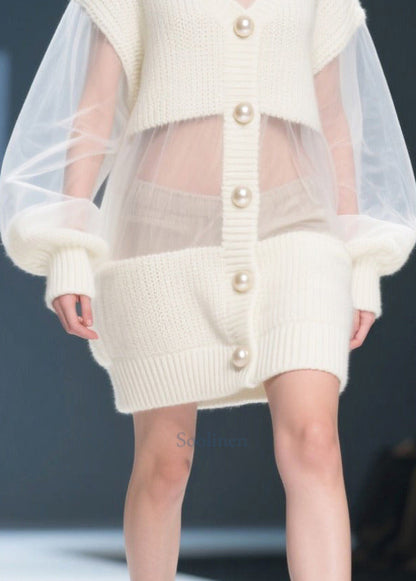 French White Oversized Patchwork Tulle Long Sweater Fall