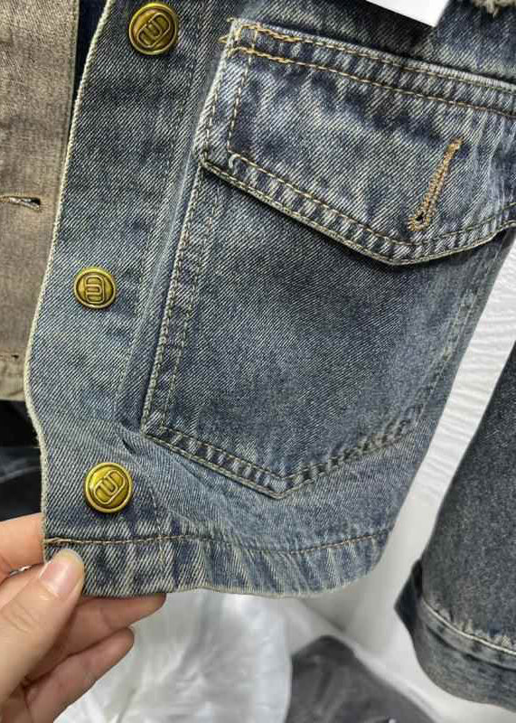 Colorblock Peter Pan Collar Button Pockets Denim Coats Fall