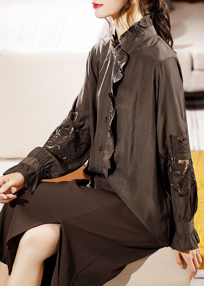 Black Ruffled Lace Patchwork Hollow Out Shirts Long Sleeve