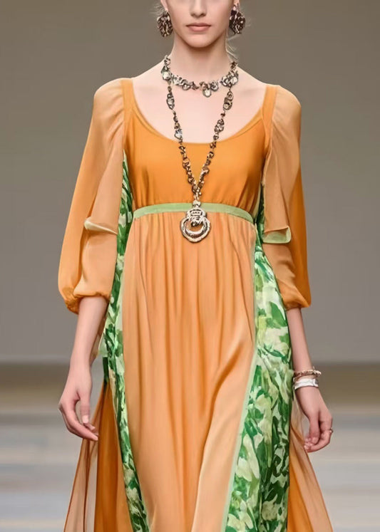 Orange U Neck Patchwork Chiffon Robe Dresses Bracelet Sleeve