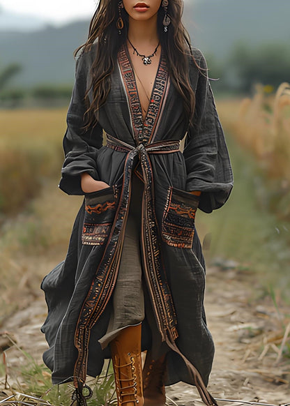 Black Print Pockets Cotton Loose Cardigans Spring