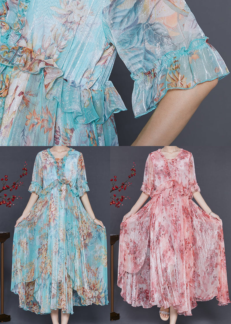 Pink Ruffled Print Silk Maxi Dresses Summer