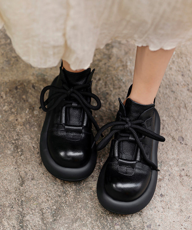 Coffee Platform Cowhide Leather Splicing Boots Lace Up