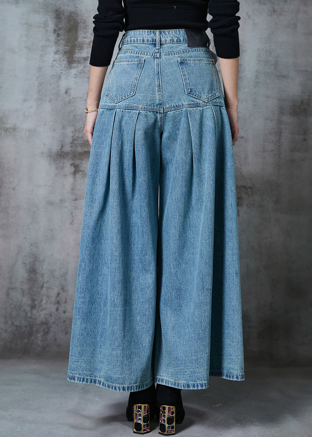 Blue High Waist Patchwork Denim Wide Leg Pant Skirts Summer