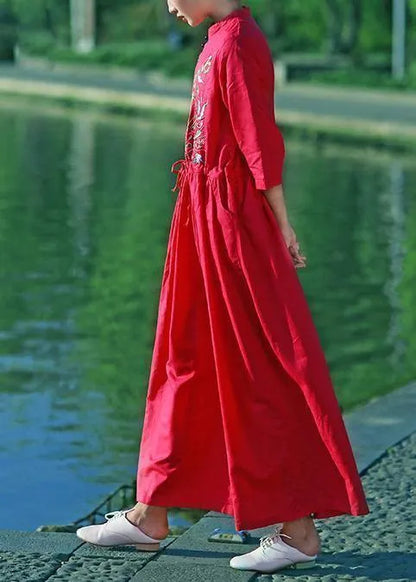 Red Embroidery Linen Robes V Neck Drawstring Summer Dresses