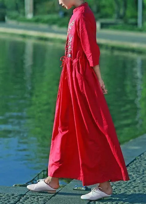 Red Embroidery Linen Robes V Neck Drawstring Summer Dresses