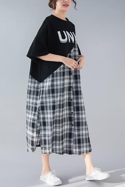 Diy Black Plaid Cotton Quilting Clothes Work O Neck Patchwork Long Summer Dresses