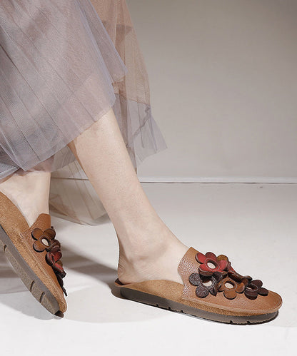 Brown Cowhide Leather Soft Splicing Hollow Out Slide Sandals