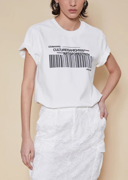 White O Neck Print Cotton T Shirts Summer