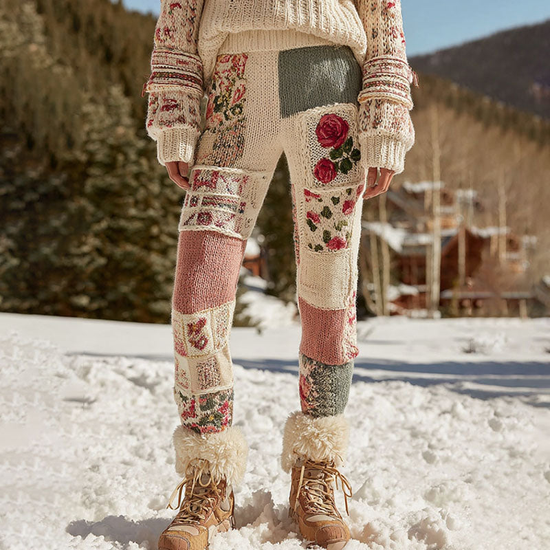 Women's Vintage Floral Patchwork Cozy Knit Leggings elevenforest