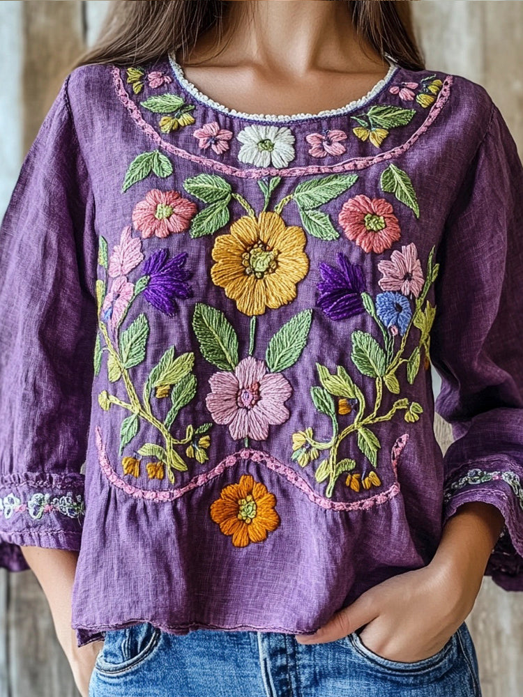 Purple Ethnic Floral Embroidery Vintage Women's Linen Shirt elevenforest