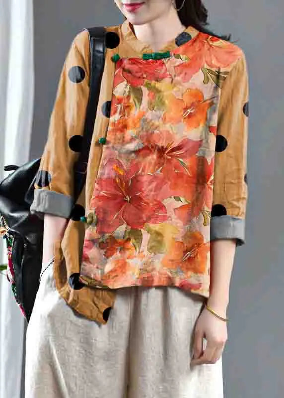 Loose Orange Embroidered Linen Top Half Sleeve