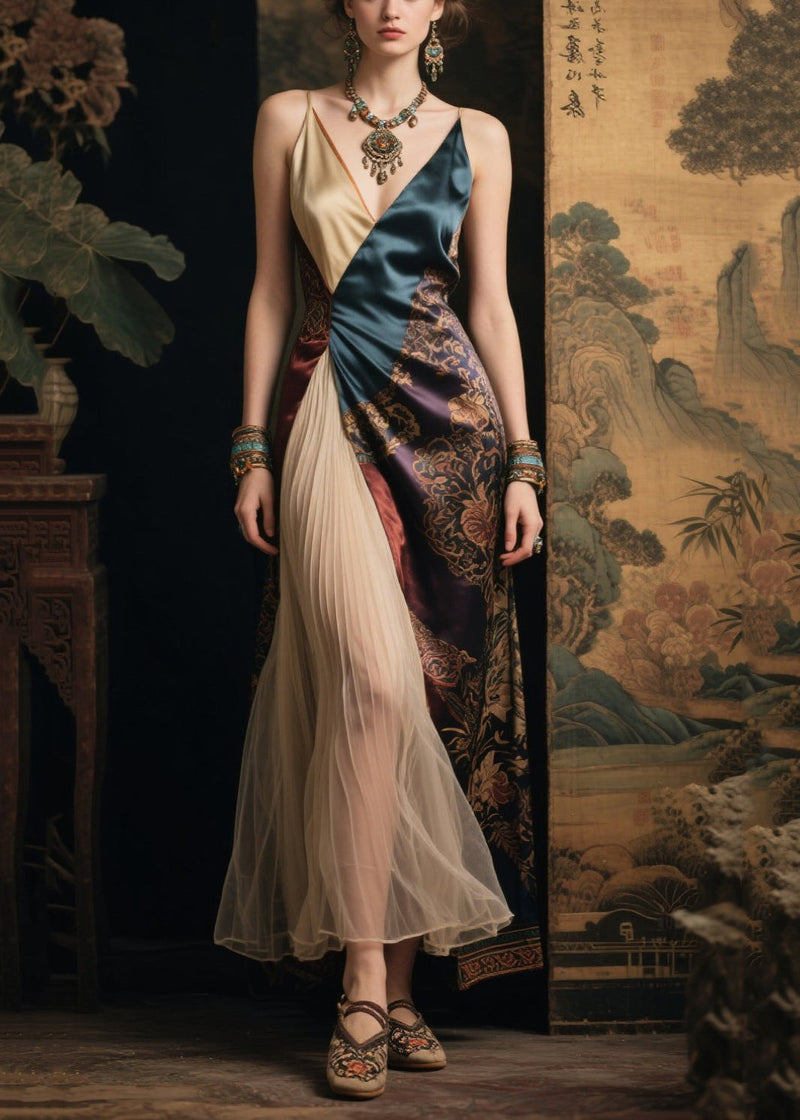 Colorblock Asymmetrical Patchwork Silk Spaghetti Strap Dress Summer