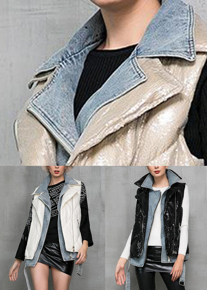 Black Denim Patchwork Cotton Blend Waistcoat Peter Pan Collar Winter