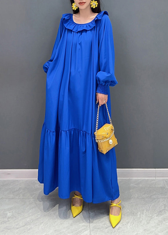 Blue O-neck Patchwork Long Dress Lantern Sleeve