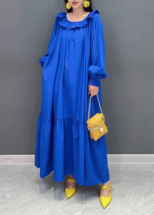 Blue O-neck Patchwork Long Dress Lantern Sleeve