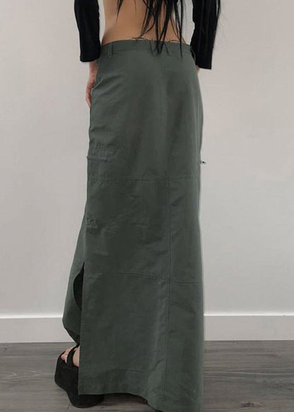 Grey Pockets Side Open Patchwork Cotton Maxi Skirts Fall