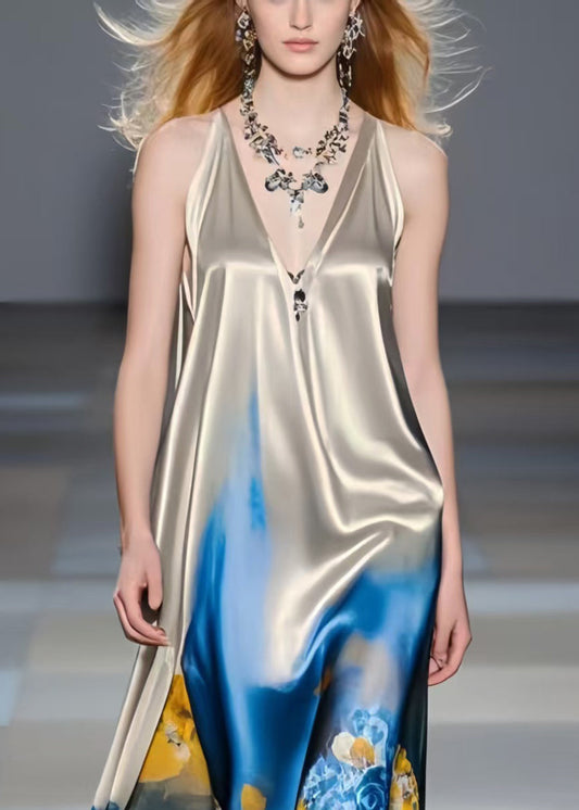 Grey Print Draping Silk Mini Dress Summer