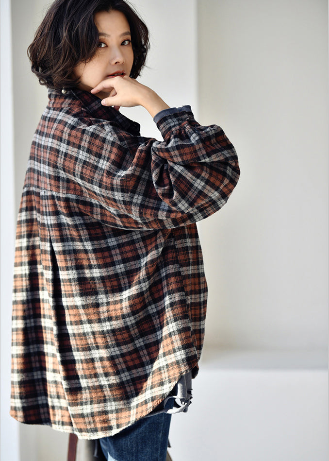 Stylish Black Coffee Plaid Peter Pan Collar Low High Design Cotton Shirt Long Sleeve