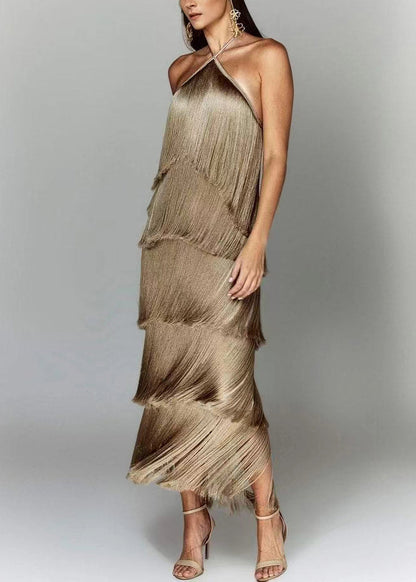 White Backless Tasseled Halter Dress Summer