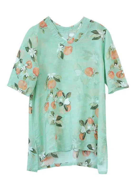 Green Print Linen Tunic Top O Neck Half Sleeve Oversized Summer Shirt