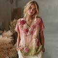 Love & Health Collection Retro Western Women Style Vintage Rose And Floral Patchwork Art V Neck Linen T-shirt elevenforest